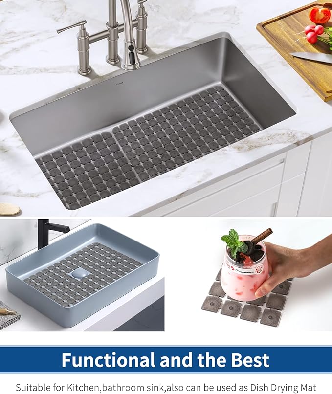 Bligli Sink Mat for Stainless Steel/Ceramic Sinks, 2 Pack 15.7x11.8 inches PVC Sink Protectors for Bottom of Kitchen Sink, Dishes and Glassware drain Mats, Durable and Fast Draining (Clear Grey)