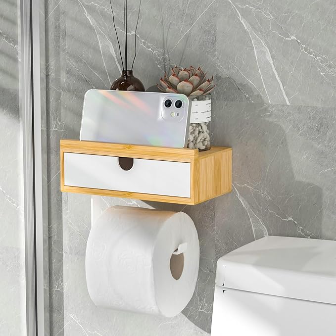Domax Compact 7.36" Bamboo Toilet Paper Holder with Shelf and Storage Drawer - Wall Mount or Adhesive Bathroom Organizer for Tampons, Small Items, Space-Saving Design, Nature&White