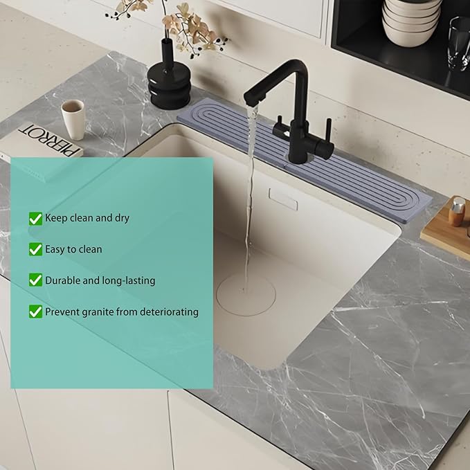 23.6 Inch Dark Gray Diatomite Faucet Mat, Super Absorbent Stone Tray Fast-Drying Sink Mat, Quick Dry Kitchen Splash Guard for Kitchen Sink/Bathroom Counter
