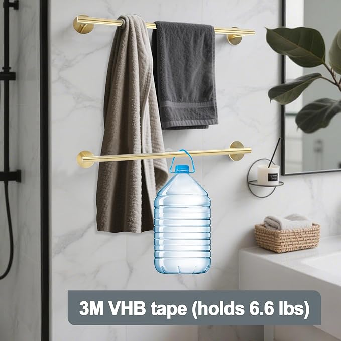 Self Adhesive Bath Towel Bar, Thicken Stainless Steel Shower Towel Rack Holder Wall Mounted for Bathroom, 23.6-lnch Overall Length-21-lnch Usable Hanging Space (1 Pack, Brushed Gold)