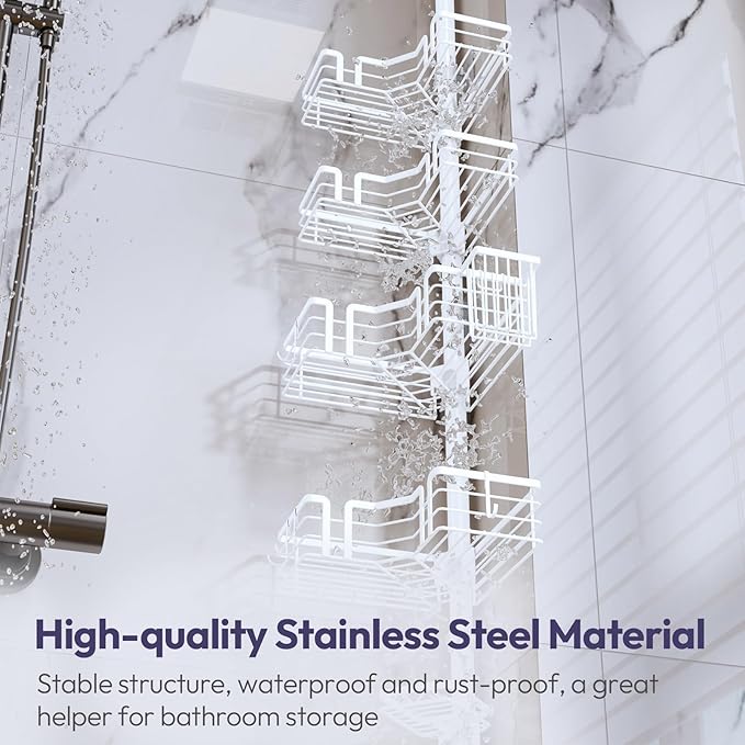 SWTYMIKI Shower Caddy Tension Pole - 4-Tier Corner Shower Organizer Tension Rod with Soap Holder, Toothbrush Holder & 4 Hooks, Adjustable Stainless Steel Bathroom Organizer 27.6 to 108.3 inch, White