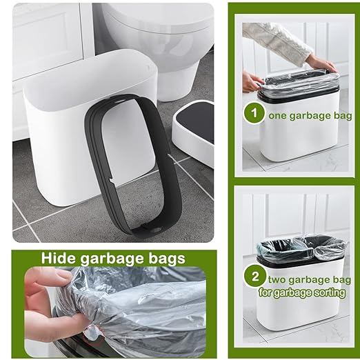 14 Litre Trash Can with Press Top Lid, 3.7 Gallons Plastic Garbage Bin, Slim Wastebasket