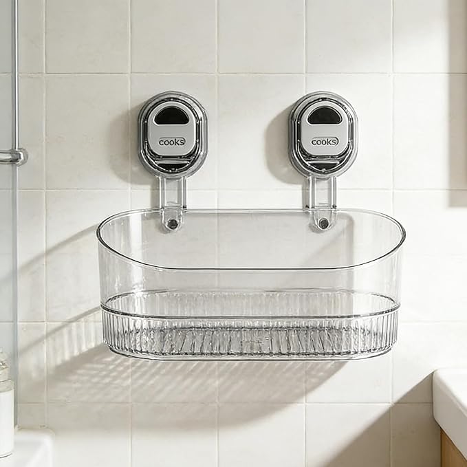 No-Drill Bathroom Suction Cup Storage Shelf - Waterproof Large Capacity Organizer Rack with Strong Suction & Easy Installation for Shower, Toilet, Vanity, Countertop (Clear)