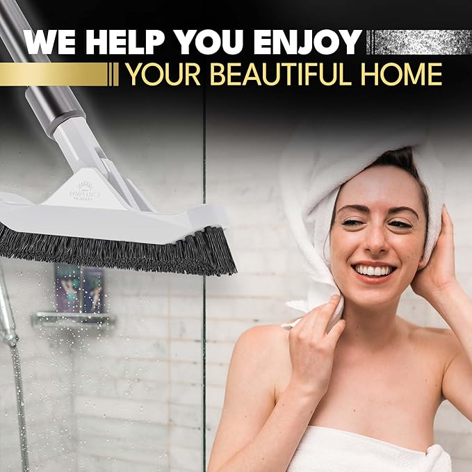 The Crown Choice Grout Brush with Long Handle - Heavy Duty Cleaner & Grout Scrubber Tool - Deep Cleaning Hard Wood, Tile, Floors - Silver Bristles & Stainless Steel - Silver Handle