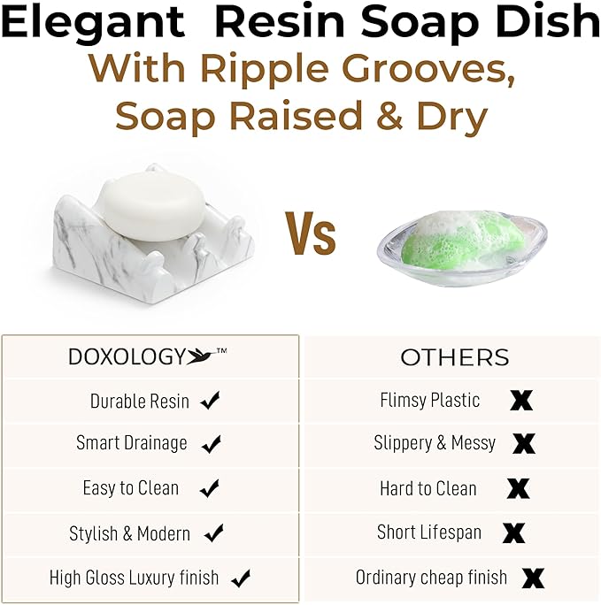 DOXOLOGY White Marble Soap Dish Bathroom Organizer - Resin Soap Dish with Rectangular Design 3.7" L x 2.8" W - Self Draining Soap Dishes Keeps Countertop Neat - Marble Look Soap Tray for Sink
