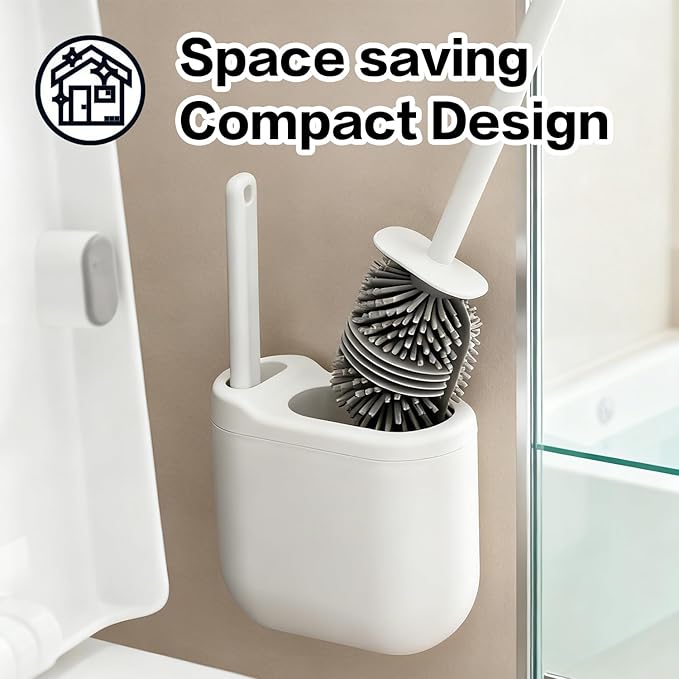 Silicone Toilet Brush Set with Corner Brush & Wall-Mounted Holder, No-Scratch Design with Drainage Holes, Adhesive Installation, White