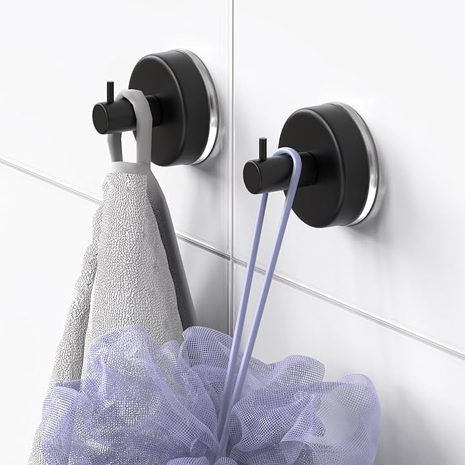 HUFEEOH Suction Cup Hooks for Shower, 4 Pack Removable Towel Holder Wall Hooks for Inside Shower, No Drill Towel Hooks for Bathroom Hanger Wall Mount (Black)