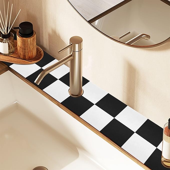 Kitchen Sink Splash Guard 1 PC 14.7 Inch Sink Faucet Mat Splash Guard for Bathroom Countertop Water Absorbent Foldable Cuttable Soft Washable Checkered Black and White
