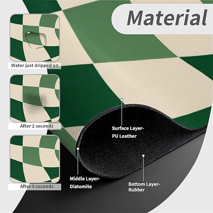 Kitchen Sink Splash Guard，Green-and cream checkered Faucet Mat Sink Gadgets-Super Absorbent Fast Drying Mat Drip Catcher for Kitchen, Bathroom,Sink Mat, Dish Drying Mat, Bathroom(15" X 5.5" )
