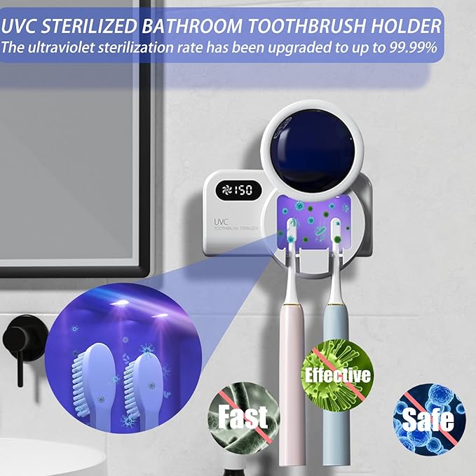 Toothbrush Holders for Bathrooms,Smart Clean and 30 Minute Air Dry, LED Smart Screen, Stylish Bathroom Accessories Wall Mounted Toothbrush Holder, Travel Toothbrush Holder (White)