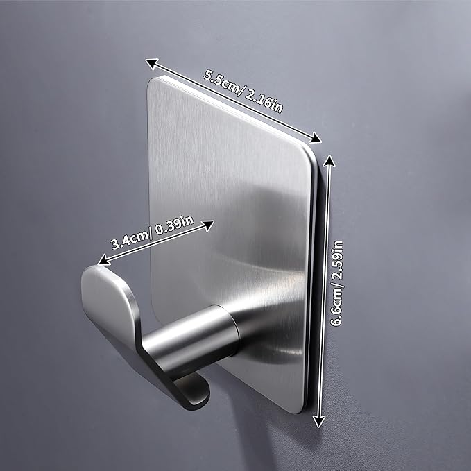 DELITON Adhesive Hooks - 4 Pack Towel Hooks Brushed Stainless Steel, Wall Hooks for Hanging Towels, Clothes, Keys, Stick to Bathroom, Kitchen or Bedroom