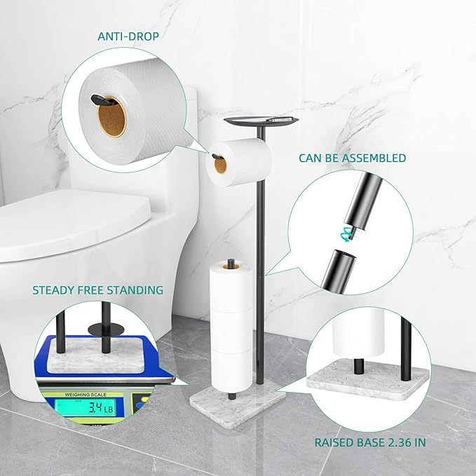Toilet Paper Holder Stand for Bathroom Floor Standing Toilet Roll Dispenser Storages 4 Reserve Rolls, with Top Storage Shelf for Cell Phones, Wipe, Wallet and More(Marble Black)