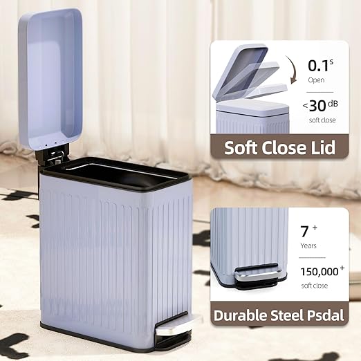Slim Bathroom Garbage Can,6 Liter/1.6 Gallon Stainless Steel Trash Can with lid Soft Close,Small Garbage Cans for Bedroom, Office, Kitchen,Grey