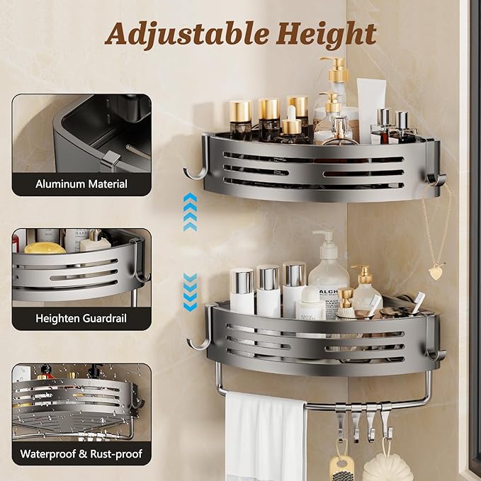 Corner Shower Caddy Suction Cup, 2 Pack Shower Shelves Corner No Drilling, Aluminum Shower Organizer Suction Cup, Removable Bathroom Storage Rack with Towel Bar & Hooks(Gray)