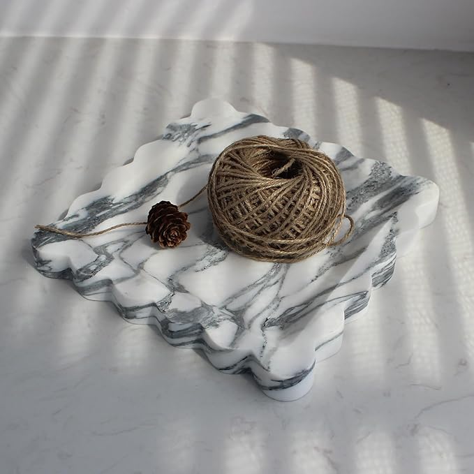 Natural Luxury Marble Tray with Scalloped Edge, Handmade Square Decorative Tray, Catch All Tray for Counter, Dresser, Nightstand and Home Décor