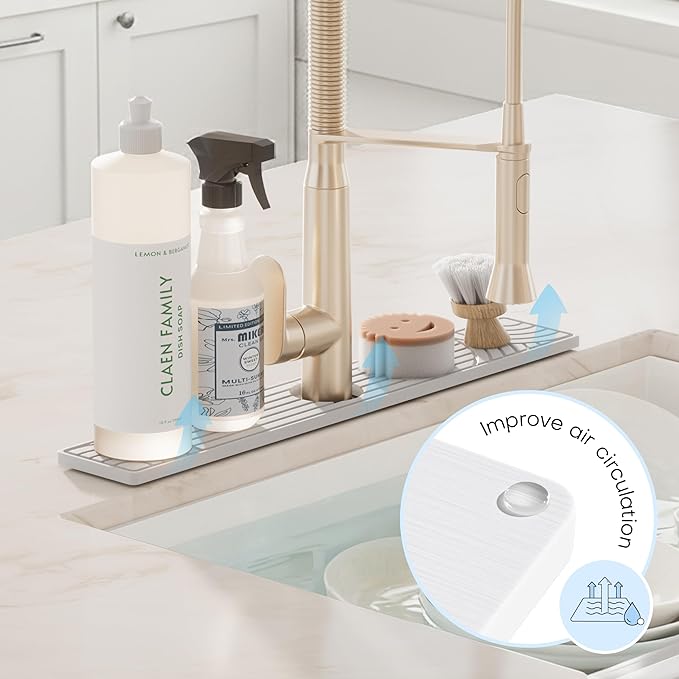 Faucet Mat for Kitchen Sink, Water Absorbing Stone Tray for Sink, 23.6" Long Diatomite Fast Drying Stone Mat, Splash Guard Stone Faucet Mat for Bathroom Counter