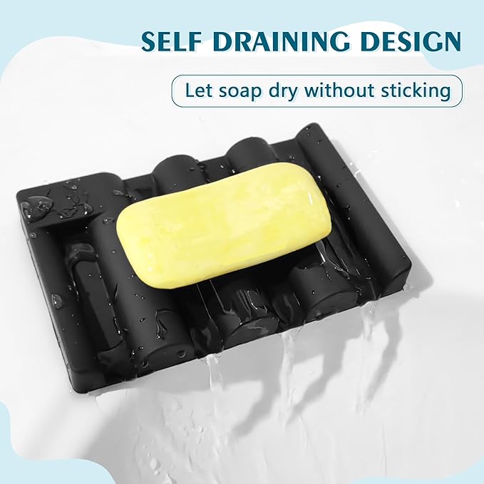 Silicone Soap Dish,Self Draining Soap Holder Perfect for Shower,Bathroom Sink,Kitchen Sink & Travel,Non-Slip Bar Soap Holder Extend Soap Life,Keep Soap Bars Dry Clean (Black-2Pcs)
