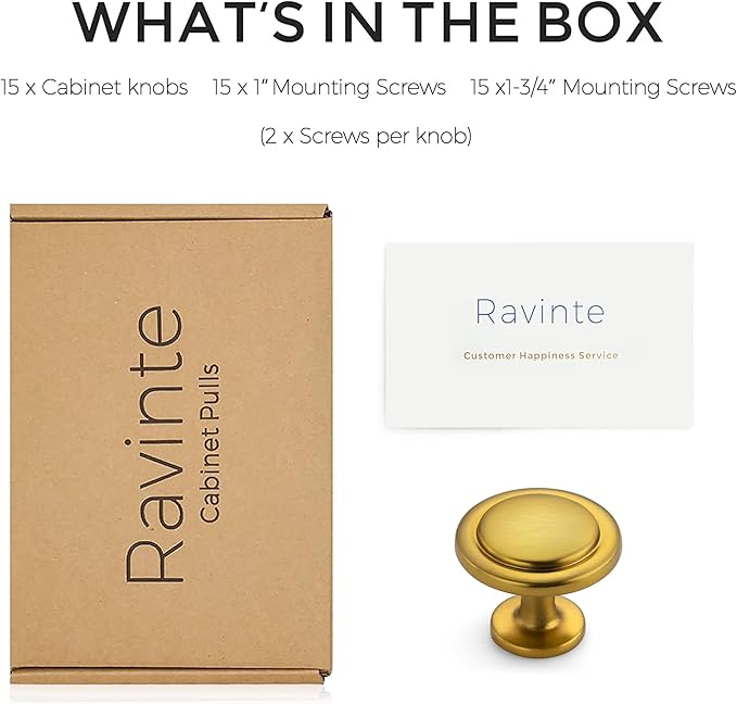 Ravinte 15 Pack 1-1/4 Inch Kitchen Cabinet Knobs Brushed Brass Zinc Pulls Door Handles for Dresser Drawers