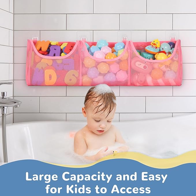 Bath Toy Storage, Large Capacity Bath Toy Holder, Opening 3 Compartments Bathtub Toy Storage, Quick Dry Bath Toy Organizer, Mesh Shower Caddy for Easy Access & Sorting Toys - Pink