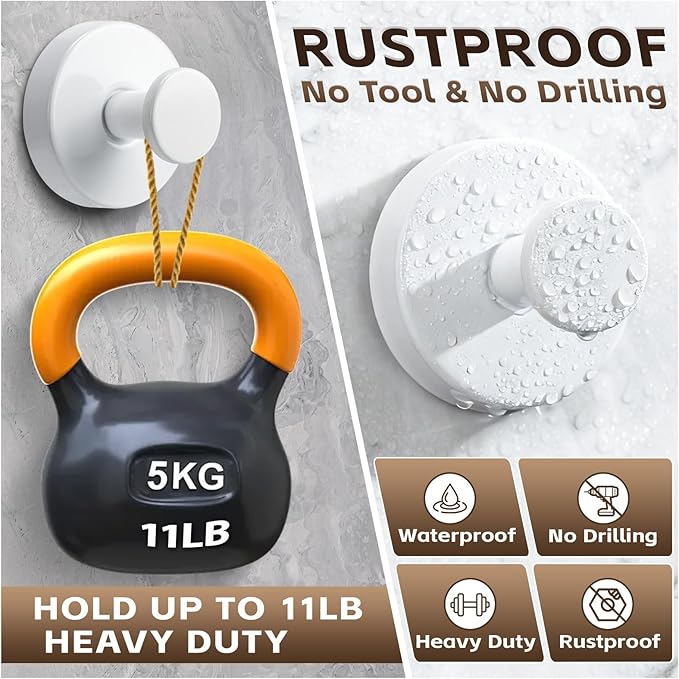 Reusable Heavy Duty Suction Cup Hooks for Kitchen/Bathroom/Shower - Wet-Proof Hooks for Towels, Robes, Loofah&Wreaths/No Drill Mounting on Glass, Tile, Metal (4, White)