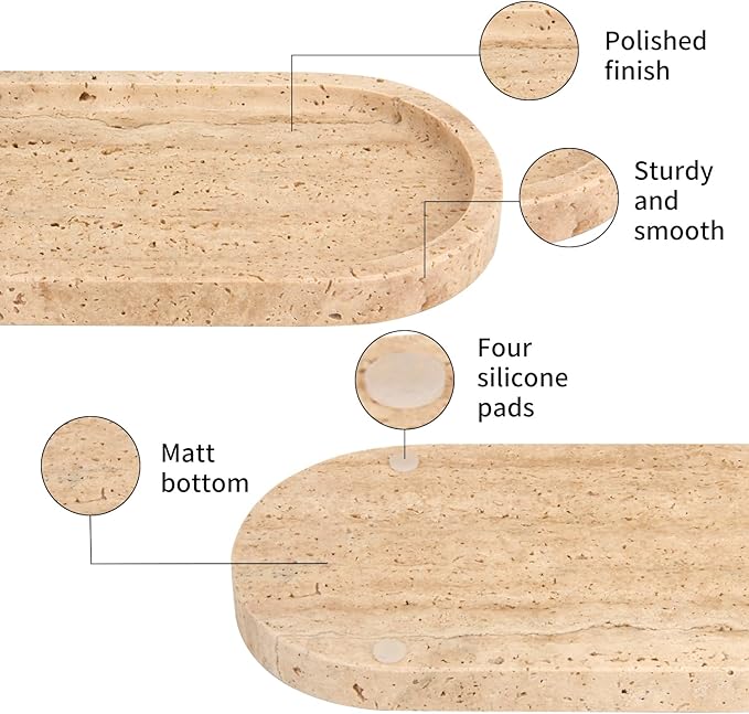 Oval Marble Bathroom Vanity Tray, Natural Luxury Marble Home Kitchen Bathroom Table Tray, Stone Decorative Countertop Serving Trays for Coffee Perfume Jewelry Makeup (Travertine, 10 * 5 * 0.6)