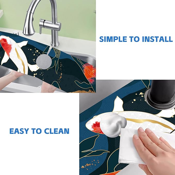 Oriental Japanese Koi Fish Sink Faucet Absorbing Mat Sink Splash Guard Faucet Mat Draining Mat Fast Drying Sink Protectors for Kitchen and Bathroom 5.5"×24"