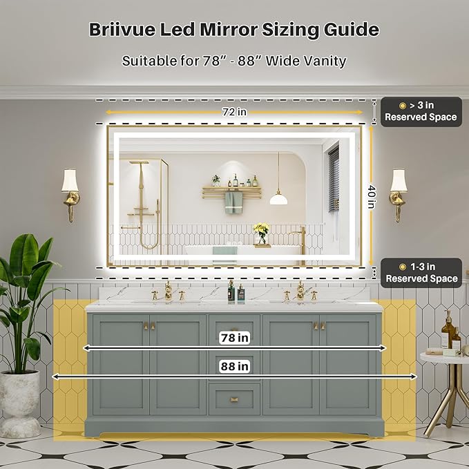 72x40 Inch LED Bathroom Mirror with Gold Frame, Backlit & Front Lit, Anti-Fog Lighted Bathroom Vanity Mirror for Wall, Memory Function, Dimmable, HD Tempered Glass, Shatter-Proof