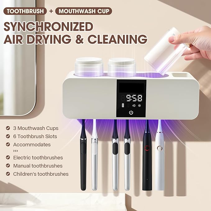Smart 6-Slot Toothbrush Holder with Hygiene System, LED Display & 3 Cups – Wall-Mounted & Rechargeable, White