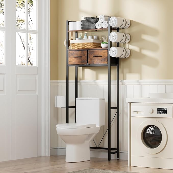 VITVITI Over The Toilet Storage Shelf, Above Toilet Bathroom Organizer with 2 Drawers, Adjustable Freestanding Toilet Storage with 3 Tier Towel Rack/4 Hooks, Farmhouse for Laundry Room (Brown)
