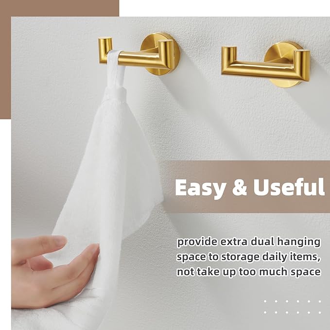 APLusee Brushed Gold Double Towel Hook 2 Pack, 304 Stainless Steel Clothes Hook, Wall Mounted