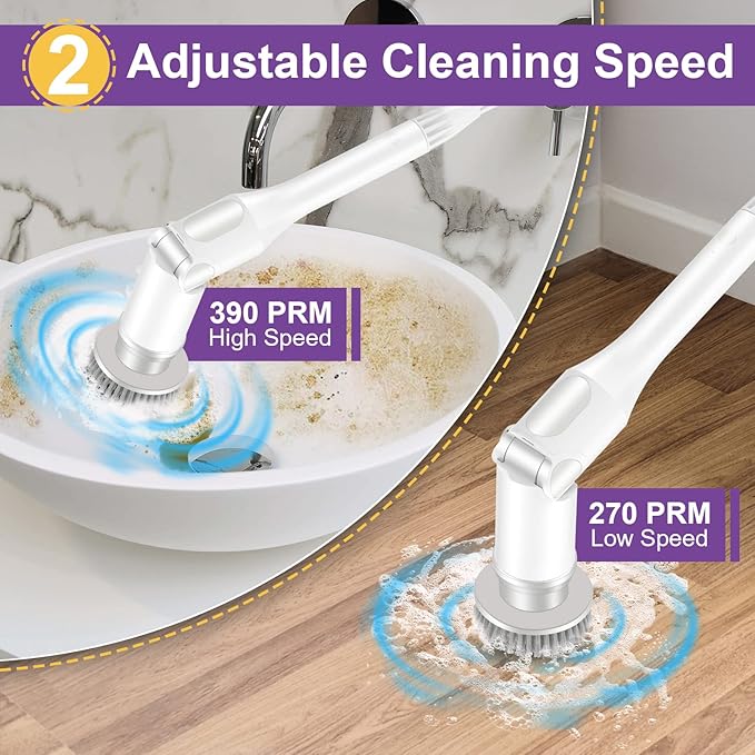 Electric Spin Scrubber, Cordless Cleaning Brush, Shower Cleaning Brush with 5 Replaceable Brush Heads, Power Scrubber 3 Adjustable Speeds, Adjustable & Detachable Long Handle