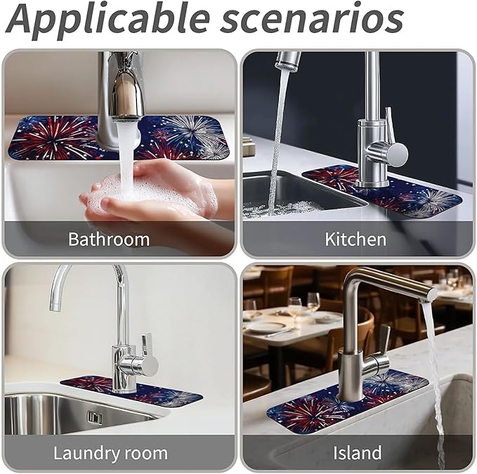 Kitchen Sink Splash Guard，Fireworks Faucet Mat Sink Gadgets-Super Absorbent Fast Drying Mat Drip Catcher for Kitchen, Bathroom,Sink Mat, Dish Drying Mat, Bathroom(15" X 5.5" )
