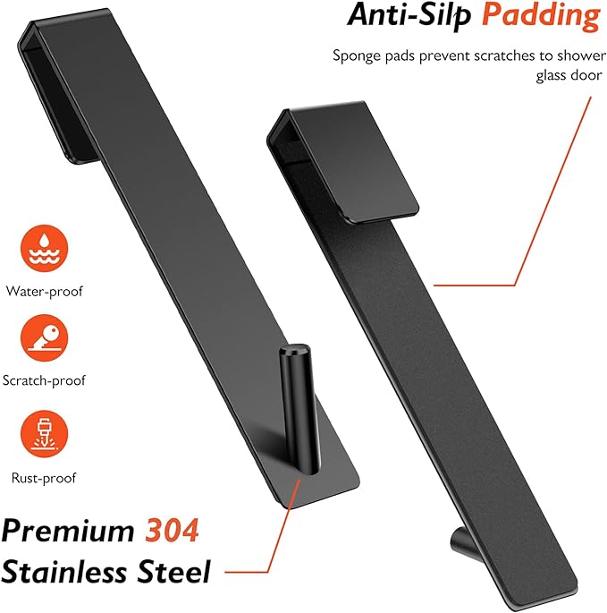 Shower Door Hooks(10 Inch),Extended Over Door Hooks for Bathroom Frameless Glass Shower Door,Stainless Steel Towel Hooks,Heavy Duty Rack Hooks for Robe,Towel-3 Pack-Black