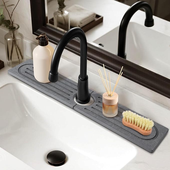23.6”Drying Stone Faucet Mat for Kitchen Sink-Diatomite Quick Dry Kitchen Sink Splash Guard, Water Absorbent Diatomite Stone Tray,Durable Protector for Bathroom Counter (Grey, 23.6" X 3.9")