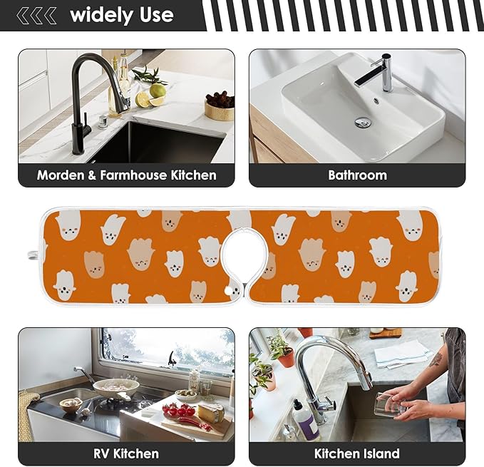 2 PCS Kitchen Sink Splash Guard 14.9 Inch Faucet Mat for Kitchen Sink Bathroom Sink Faucet Absorbing Drip Drain Mat Pad Microfiber Soft Washable Halloween Orange Blue Ghosts