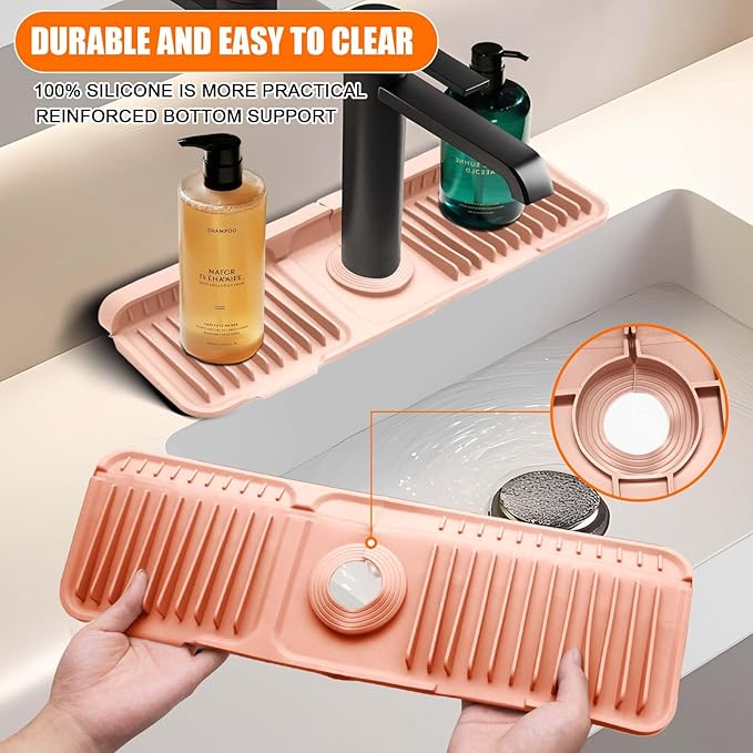 Pink Button Style Faucet Drip Catcher – Silicone Faucet Mat for Kitchen Sink, Leak-Proof Splash Guard with 6° Slope | Behind Faucet Draining Mat Easy Gadgets for Bathroom Kitchen Countertops17.7"