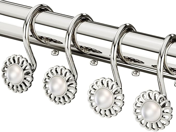 Nickel Shower Curtain Hooks Rings, Decorative Shower Curtain Hangers, Heavy Duty Metal Shower Rings, Sunflower Shower Hooks for Shower Curtain Rod and Liner, Bathroom Curtain Hooks, Set of 12