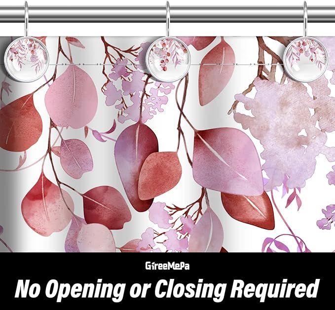 12 Pcs Pink Eucalyptus Shower Curtain Hooks - Decorative Shower Curtain Hooks Rings Set - Stainless Steel Round Resin Shower Rings Hangers for Modern Bathroom Home Bath Room Rods Decor
