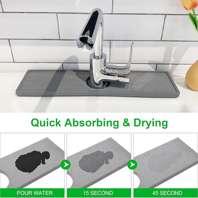 Gosmol Faucet Mat - Silicone & Stone Drying Mat, Water Absorbing Stone Tray - Prevents Moisture Buildup - Sink Splash Guard - Grey