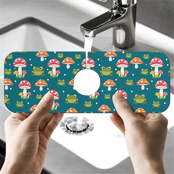 Faucet Draining Mat For Kitchen Sink, Red Mushroom Frog Diatom Mud Absorbent Drain Pad For Bathroom Kitchen Sink Splash Guard Drying Mat