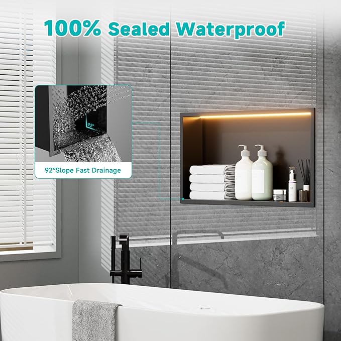 Stainless Steel 12"x24" LED Lights Shower Niche - No Tile Needed Recessed Wall Niche Waterproof for Walk in Shower Bathroom Storage, Matte Black