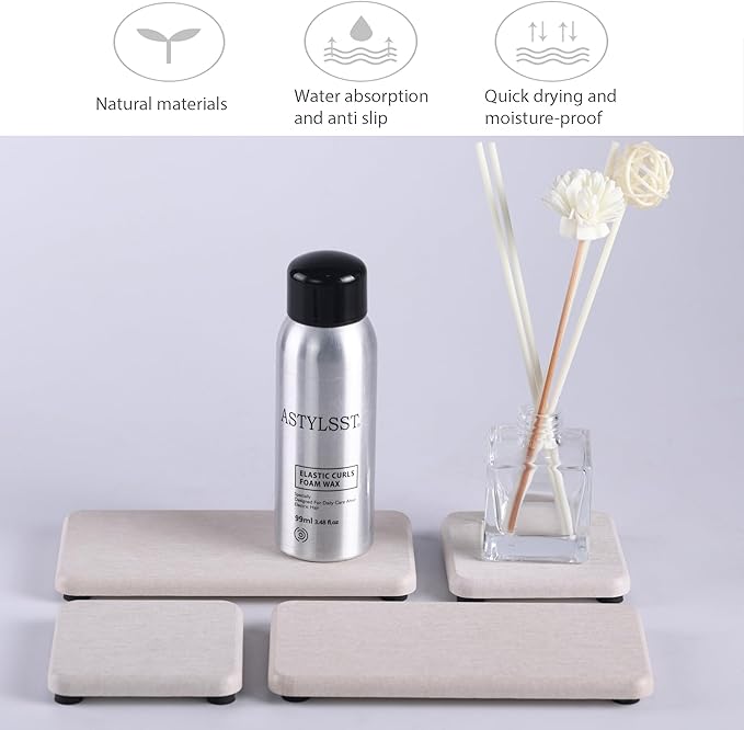 Water Absorbent Stone Tray for Sink, Quick-Drying Diatomite Soap Dish, Modern Home Kitchen & Bathroom, 2pcs 3.15 x 3.15in + 2pcs 6.3 x 3.15in, Light Grey