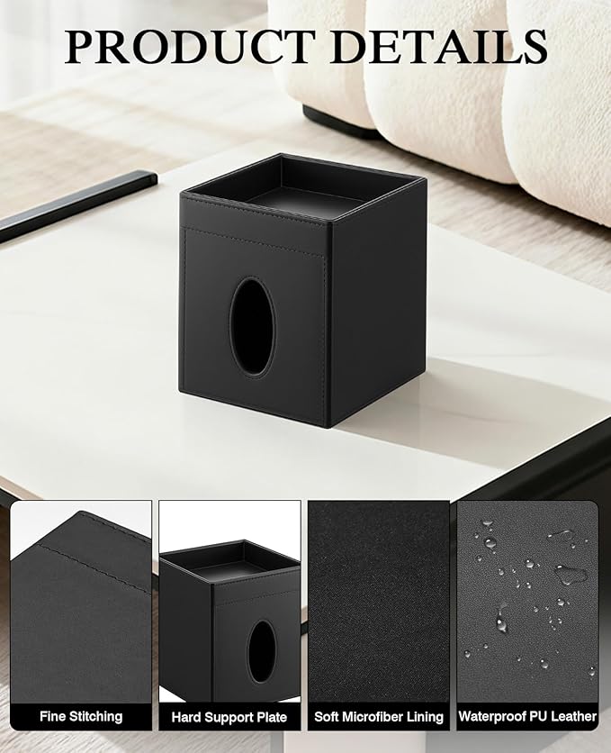 Luxspire Square Tissue Box Cover, PU Leather Square Tissue Box Cover with Storage Tray, Tissue Box Holder, Tissues Cube Boxes Cover for Living Room, Bedroom Countertop Cars Hotels, Black