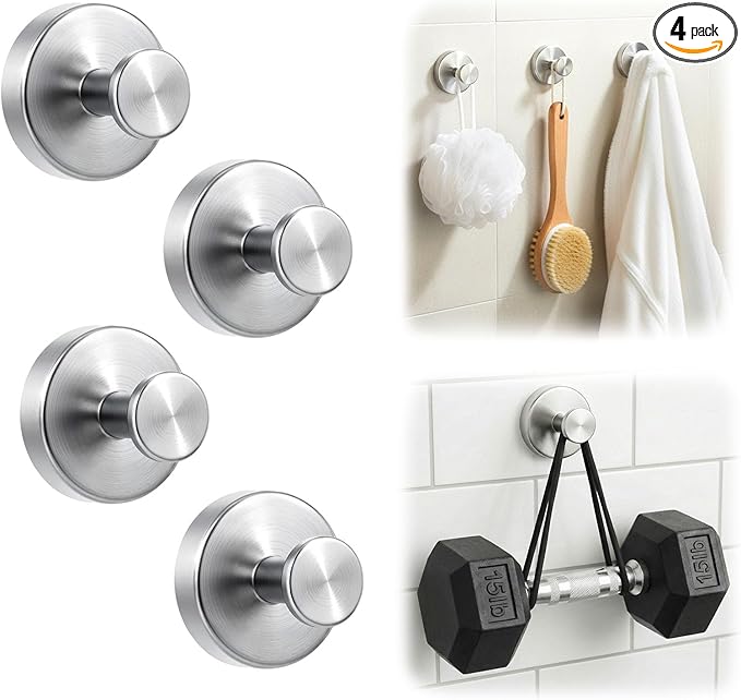 Upgraded Suction Cup Hooks for Shower, Heavy Duty Removable Towel Hooks for Bathroom Glass Door Wall, Stainless Steel Shower Hooks for Towel & Loofah (4 Pack, Silver)