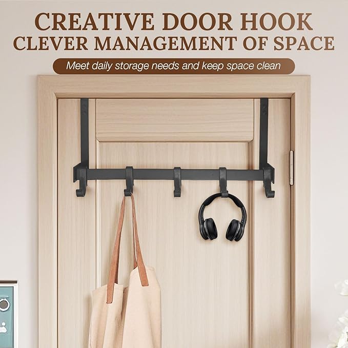 18" Over The Door Hook Rack with 5 Movable Hooks, Soft Iron Finish, for Bedroom, Bathroom, Walk-in Closet, Laundry Room and More - Black