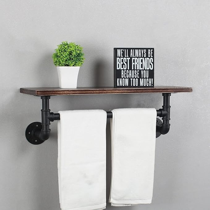 MBQQ Retro Black Shelving Bathroom Pipe Shelves with Towel Bar Over Toilet, 24 inch Pine Wood Floating Shelves for Wall Mounted Bedroom,Kitchen, Farmhouse, Living Room
