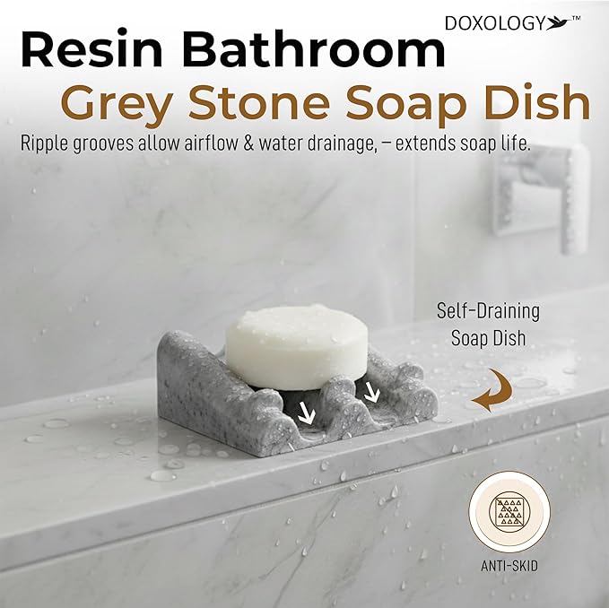 DOXOLOGY Gray Stone Marble Soap Dish Bathroom Organizer - Resin Soap Dish with Rectangular Design 3.7" L x 2.8" W - Self Draining Soap Dishes Keeps Countertop Neat - Marble Look Soap Tray for Sink