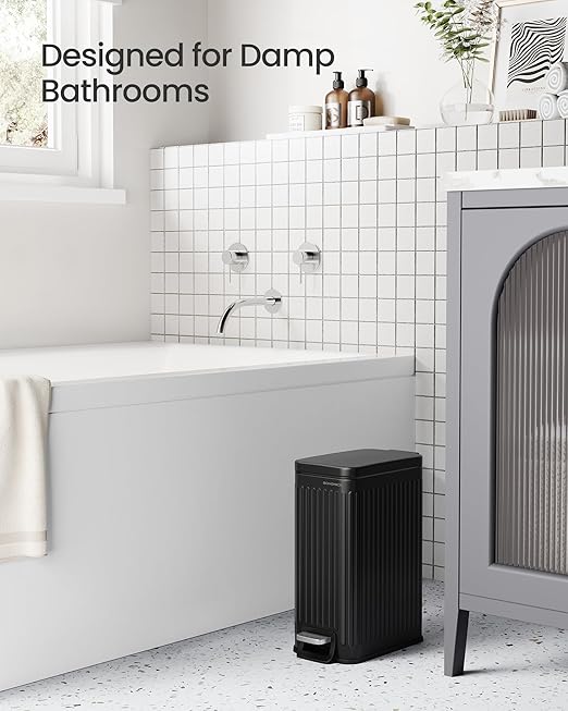 SONGMICS Bathroom Trash Can, 1.6-Gallon (6 L) Trash Bin with Lid, Slim for Small Spaces, Stainless Steel Garbage Can, Soft Close, Black ULTB563B02
