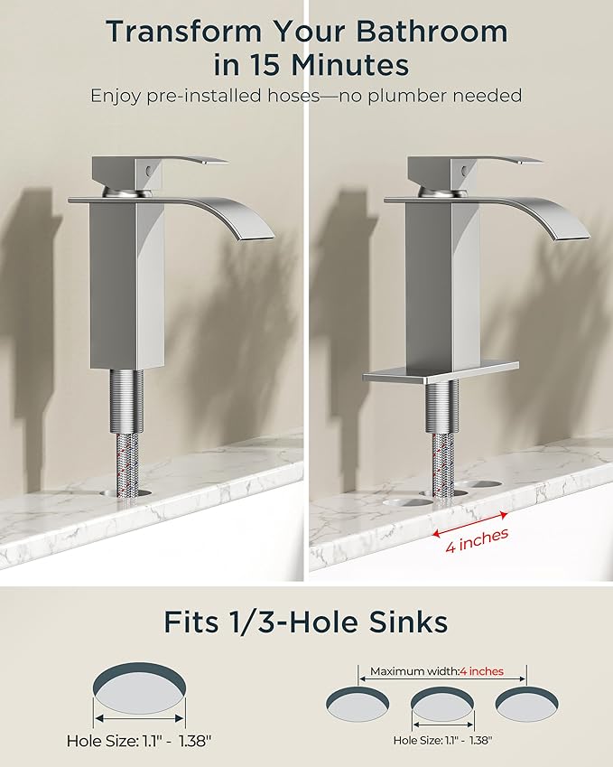 FORIOUS Brushed Nickel Waterfall Bathroom Faucets 1 or 3 Hole, Vanity Single Bathroom Sink Faucet with cUPC Supply Line and Pop Up Drain, Suitable for Basin, RV, Restroom Sink