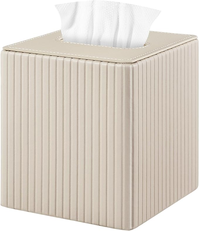 PU Leather Tissue Box Cover Square Tissue Box Holder for Bathroom Vanity Countertop Night Stands Bedroom Office Desk,Modern Tissue Decorative Organizer with Magnetic Closure (Beige)